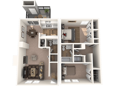 Floor plan for 2 beds, 1.5 baths, 1000 sqft